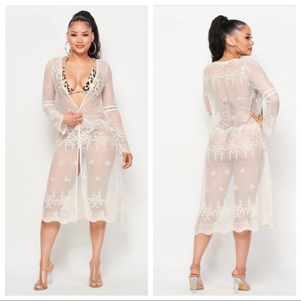 White Embroidery Mesh Beach Cover Up Cardigan - Picture 2 of 4
